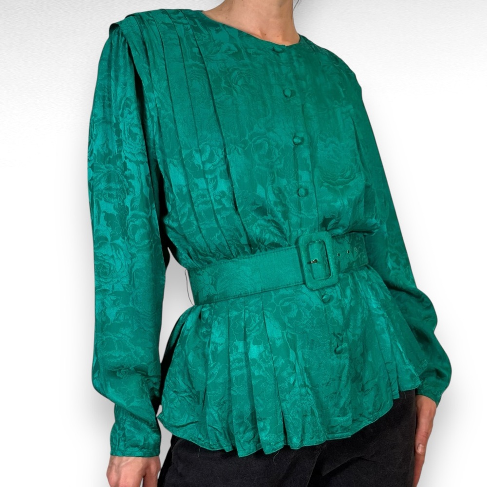 MEASURVintage Floral Silk Blouse Button Down Top Green Belted Waist  Size Large